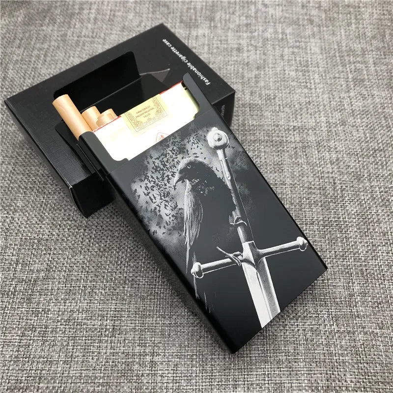 Ultra-Slim Aluminum Cigarette Case with Laser-Engraved Wolf Design