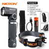 A black Nichron LED flashlight with a headband and USB cable, shown next to its components.