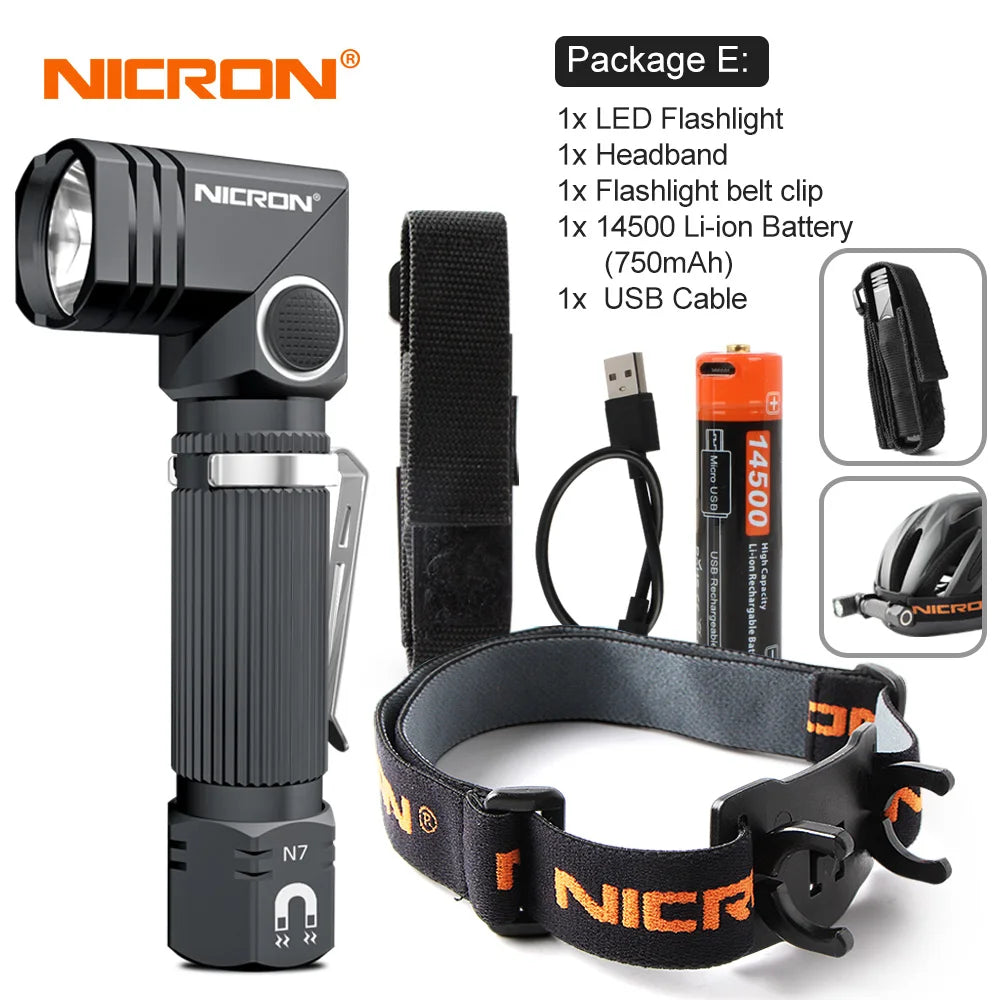 A black Nichron LED flashlight with a headband and USB cable, shown next to its components.
