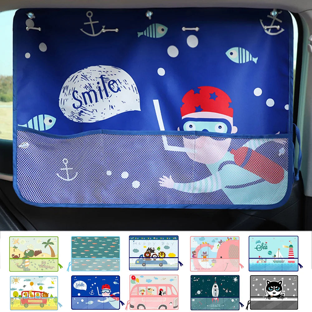 Cartoon Car Sunshade Curtain with Storage Pocket