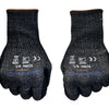 A pair of black cut-resistant work gloves with a textured knit cuff and nitrile palm coating.