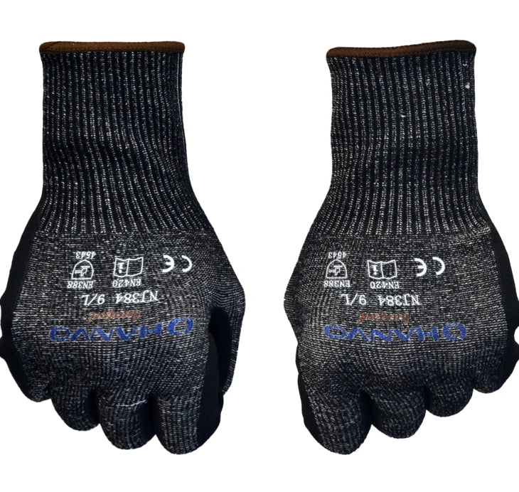 A pair of black cut-resistant work gloves with a textured knit cuff and nitrile palm coating.
