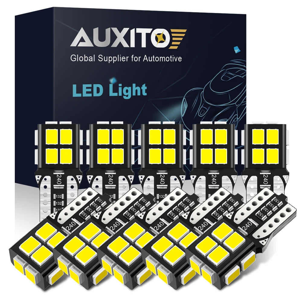 A pack of ten yellow LED light bulbs for automotive interior lights displayed on a black box.