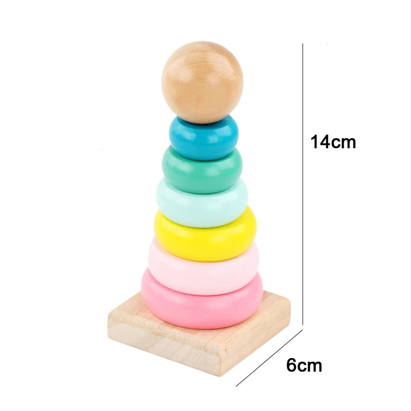 A stack of five colorful wooden rings on a light wooden base for Montessori puzzles.