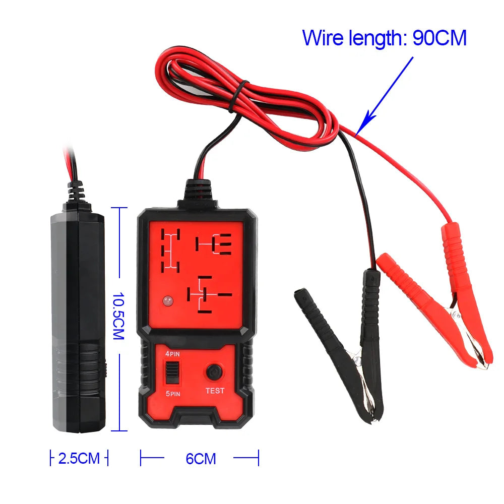 A red wire relay tester with LED indicators and a 90cm wire length is shown next to the device.