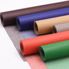 Rolls of self-adhesive PU leather patches in various colors including brown, blue, beige, orange, and green.