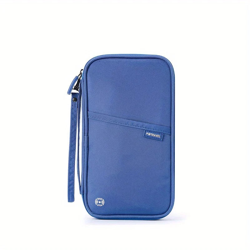 A navy blue RFID-blocking travel passport holder with a detachable strap.