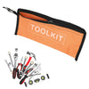 An orange zippered tool kit bag is shown next to various hand tools and accessories.