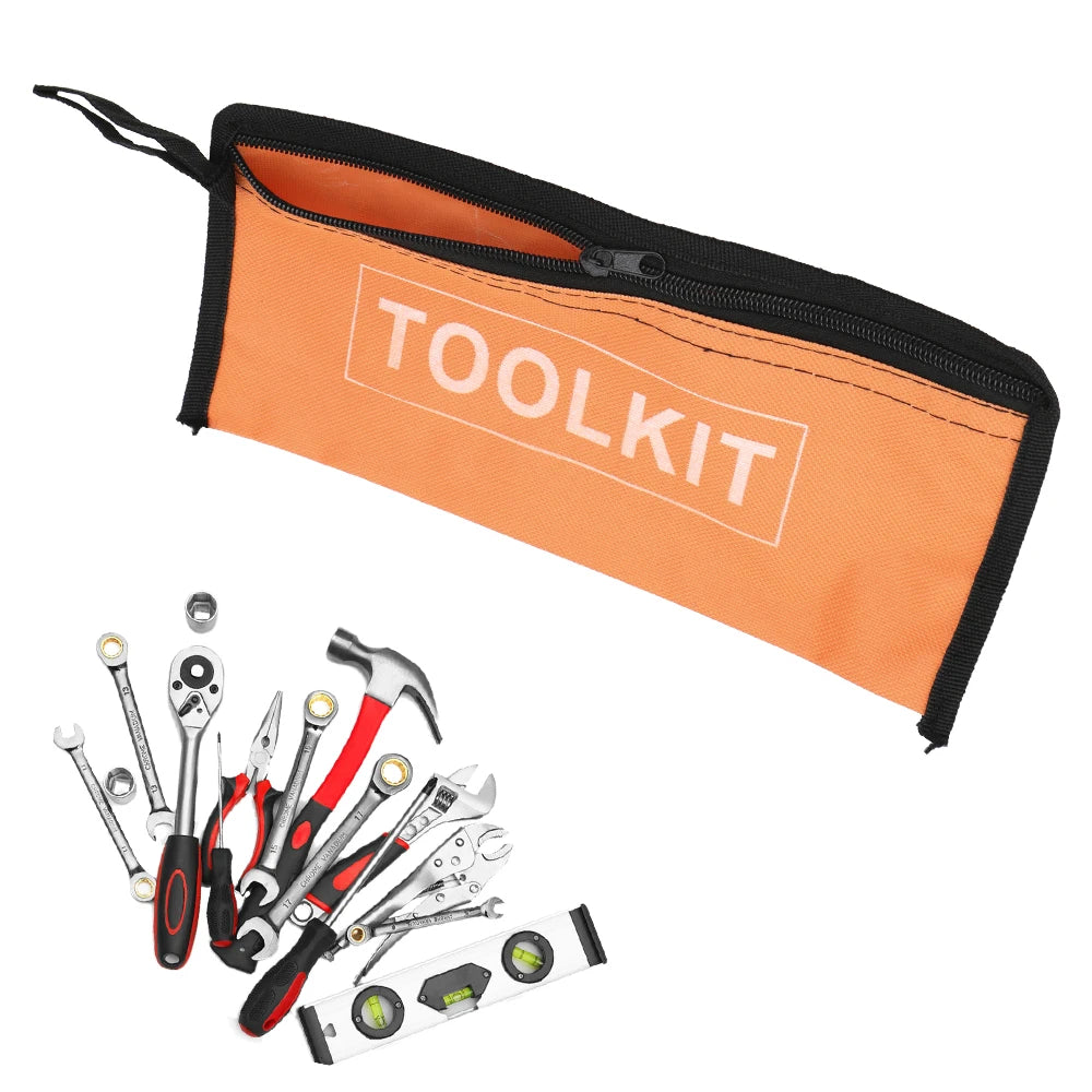 An orange zippered tool kit bag is shown next to various hand tools and accessories.