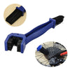 Blue universal chain cleaning brush with black bristles shown in various angles.