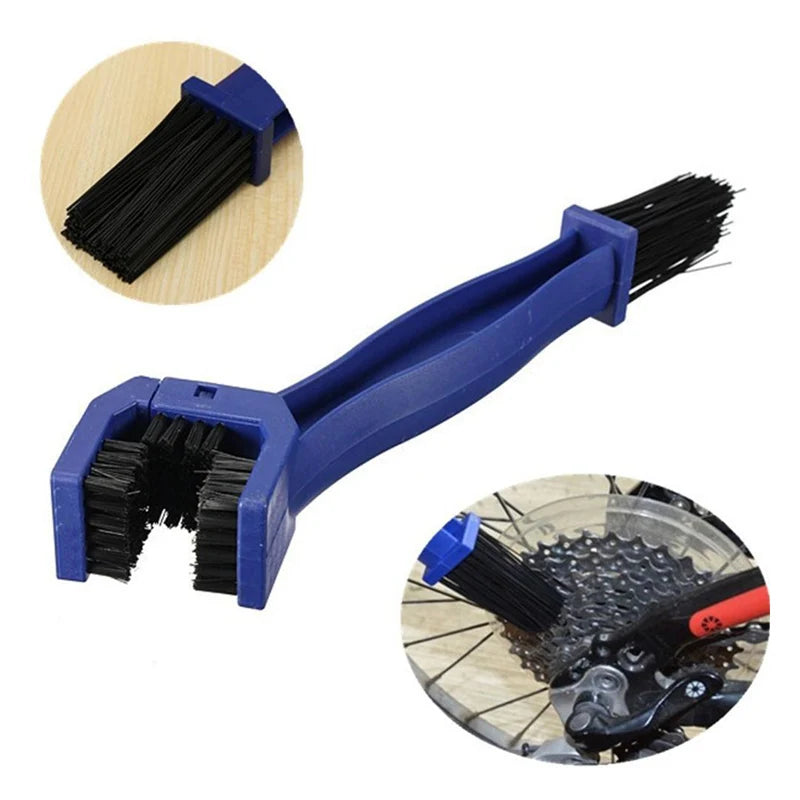Blue universal chain cleaning brush with black bristles shown in various angles.