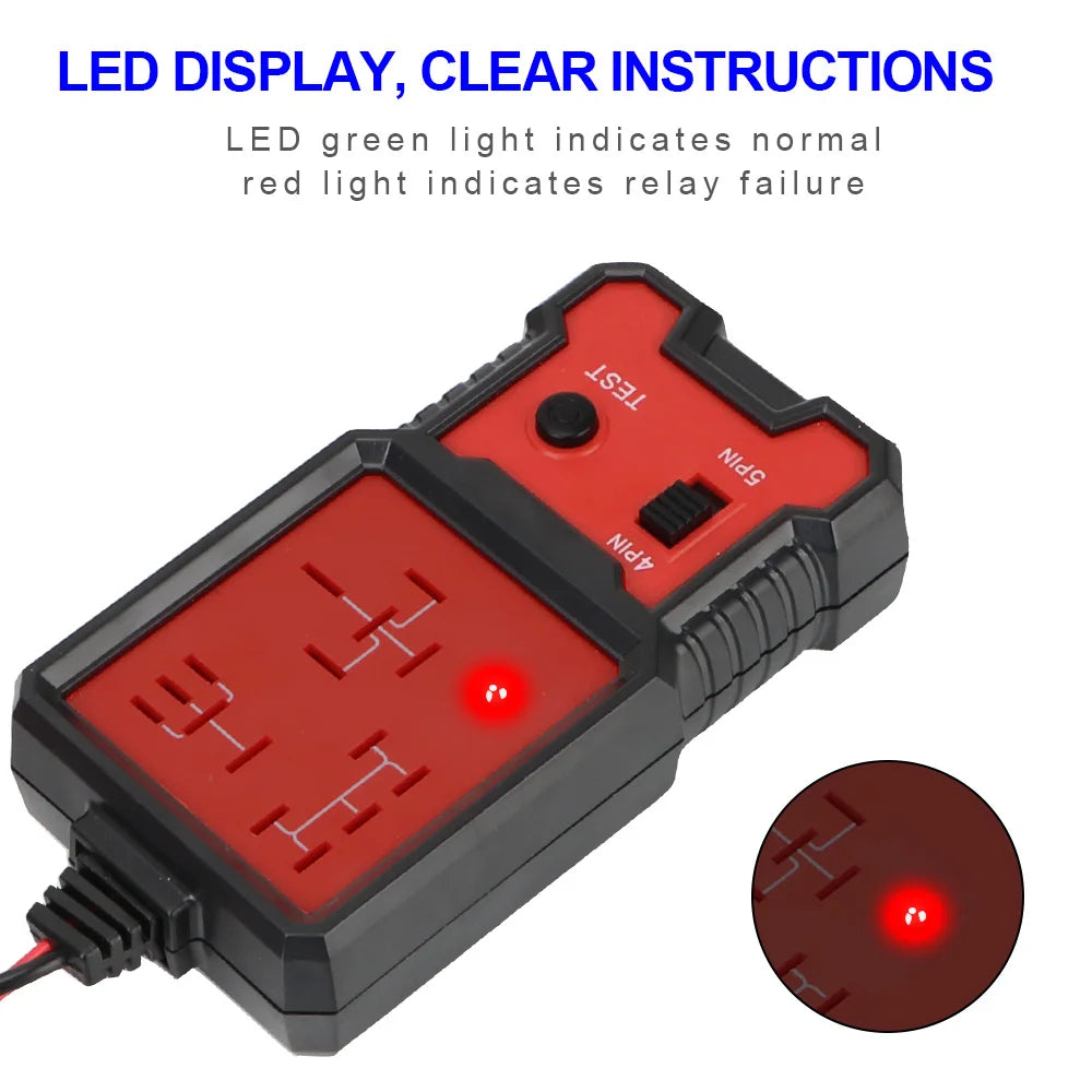 A red and black car relay tester device with an LED display showing a test result.