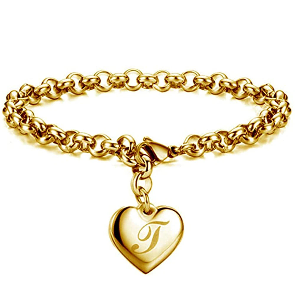 Gold Heart Alphabet Charm Bracelet
