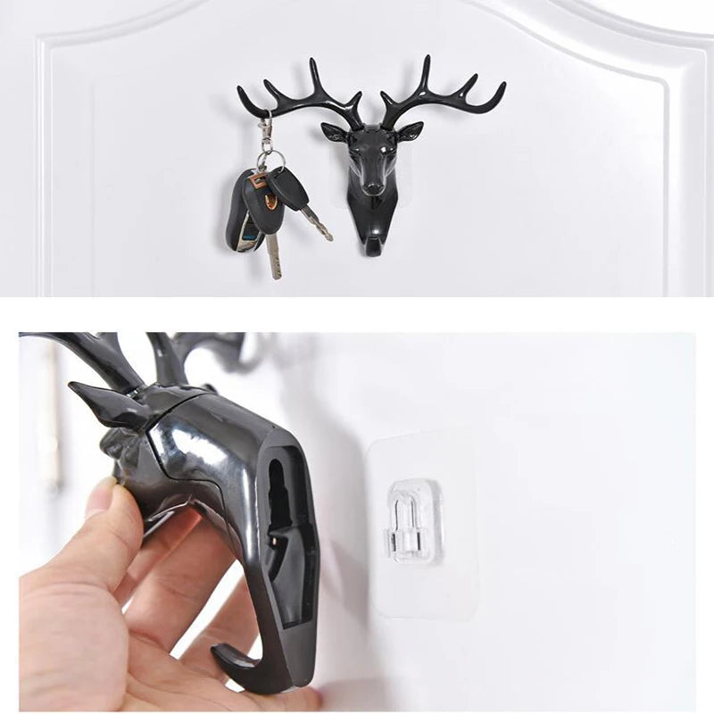 A black vintage deer head wall hook featuring antlers, used to hang hats, scarves, or keys.