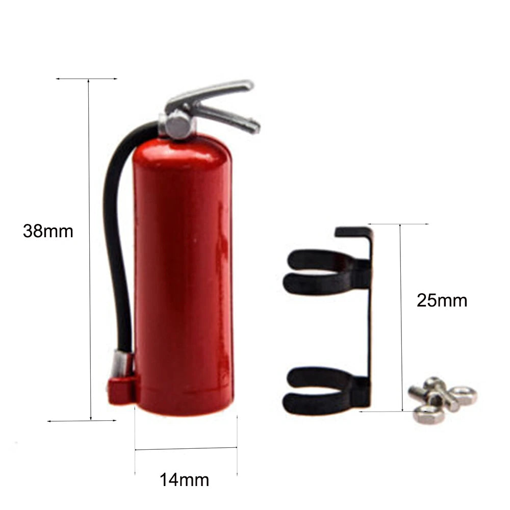 A red 1/10 scale RC crawler decoration set featuring a shovel, fire extinguisher, and oil drum.