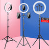 Three adjustable ring lights with tripods and phone holders shown against a pink and blue background.