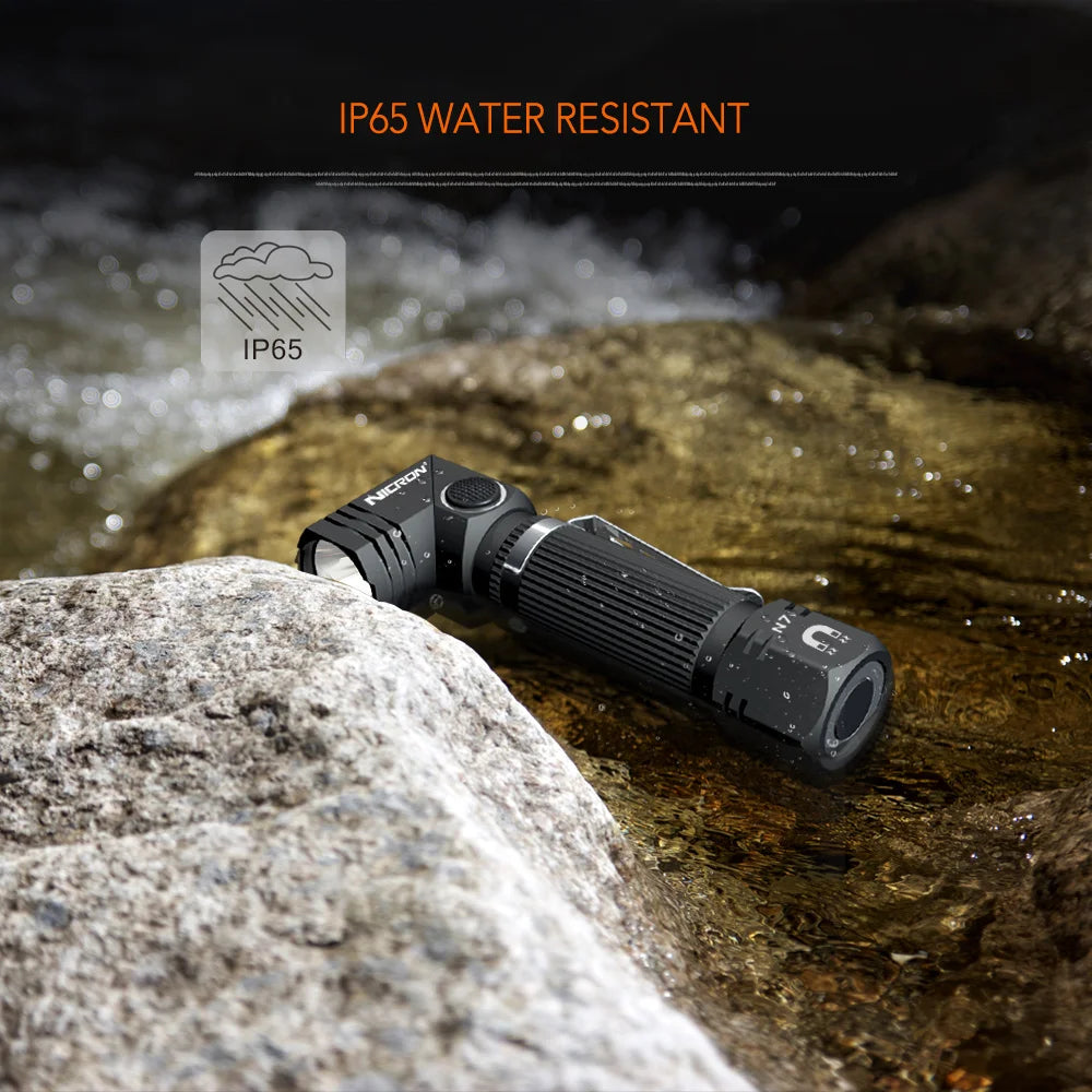 A black INIDRON 90° rotating hands-free LED flashlight is shown resting on a wet rock surface.