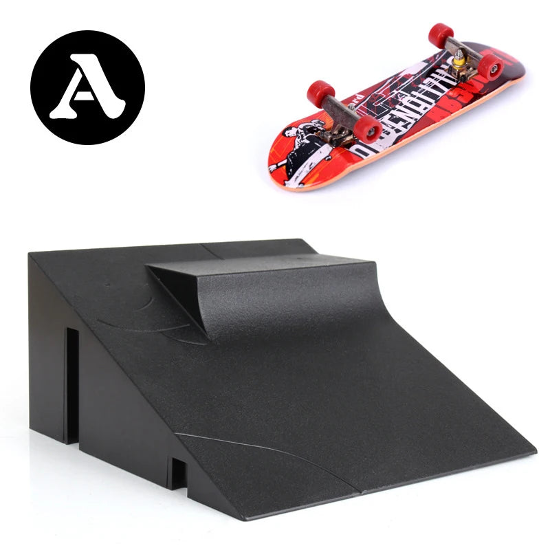 A finger skateboard set featuring a deck and a park ramp, shown next to a black board.