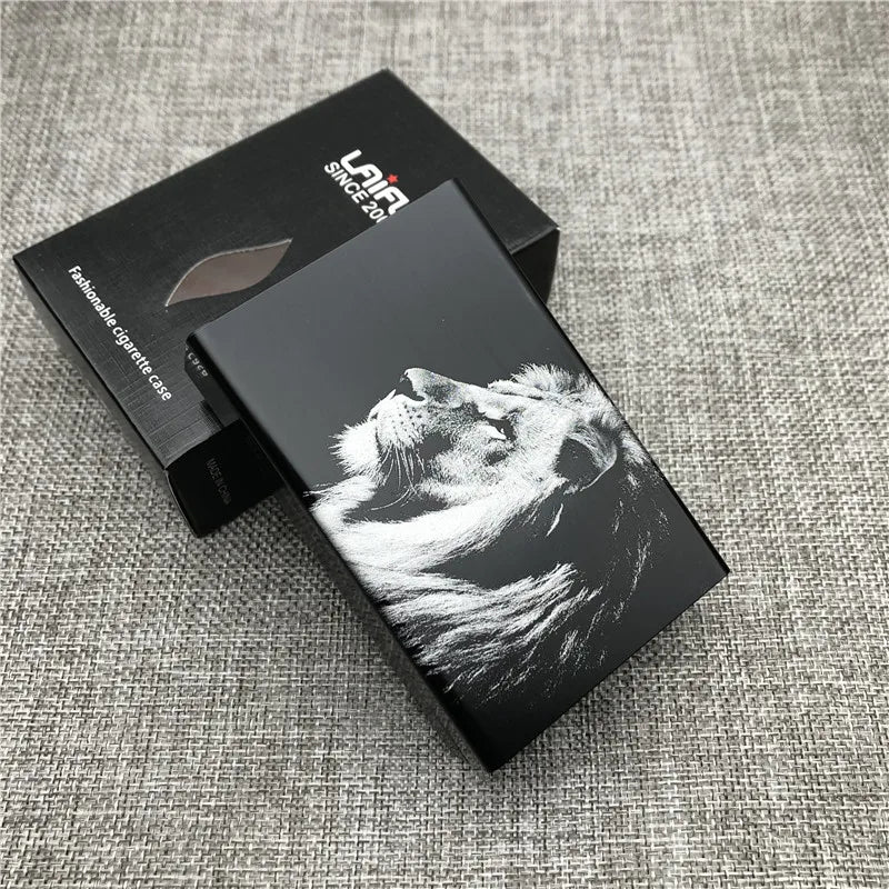 Ultra-Slim Aluminum Cigarette Case with Laser-Engraved Wolf Design
