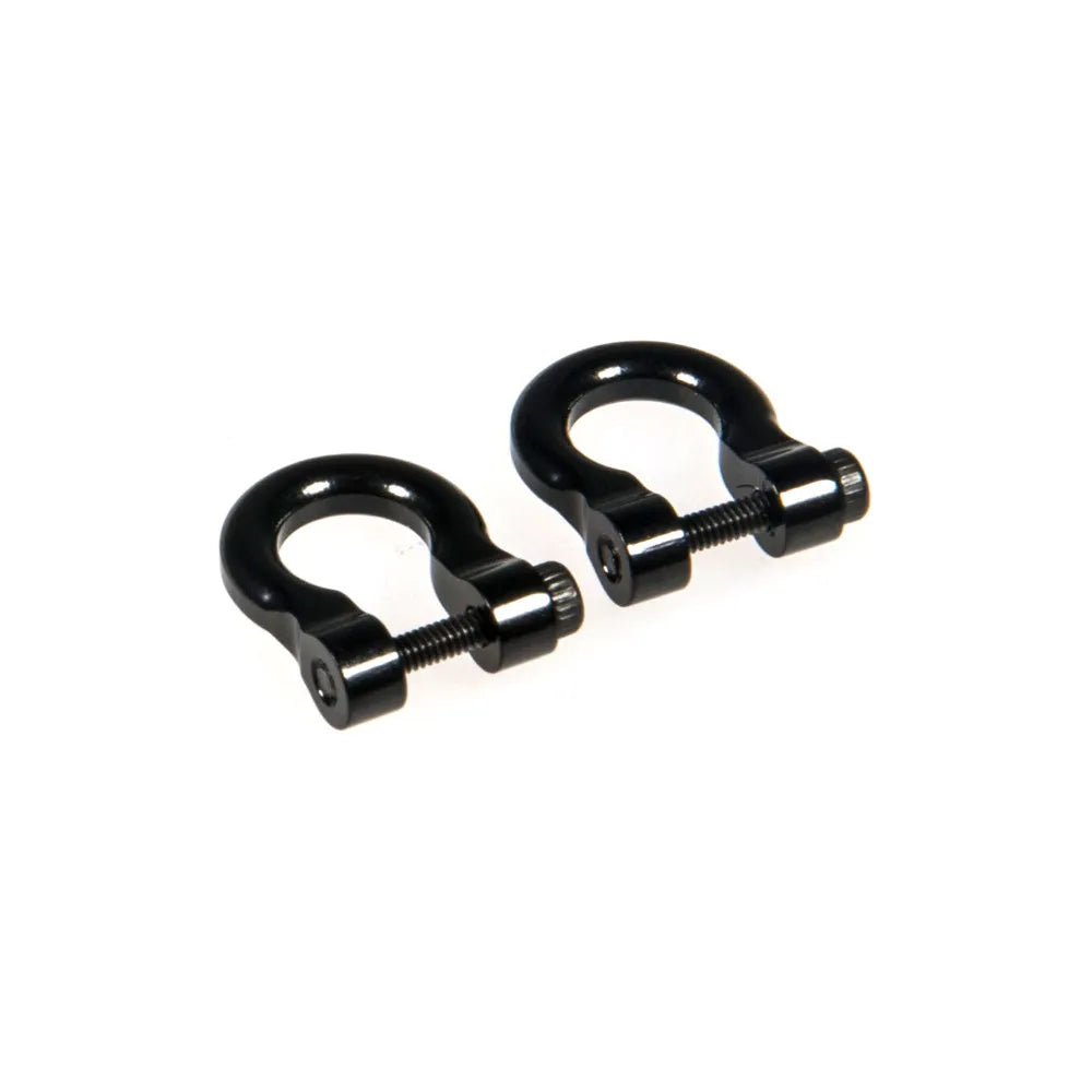 A pair of black metal alloy tow shackles for an RC crawler, packaged as a 2-pack.