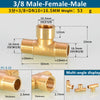 Brass male-female-male tee pipe fitting with 3/8 inch connections and a multi-angle display of fittings