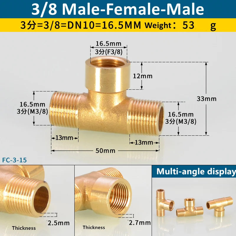 Brass male-female-male tee pipe fitting with 3/8 inch connections and a multi-angle display of fittings