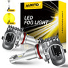 A pair of silver LED fog lights shown against a black background with a yellow light beam effect.