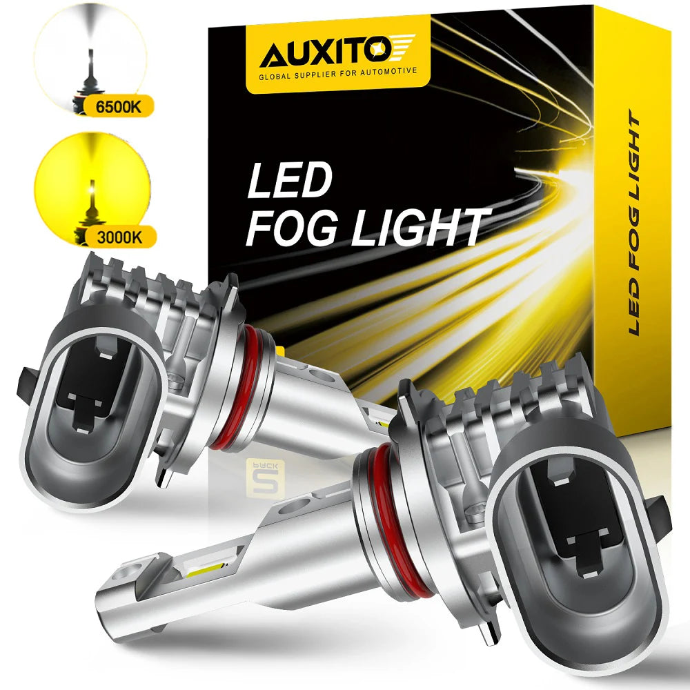 A pair of silver LED fog lights shown against a black background with a yellow light beam effect.