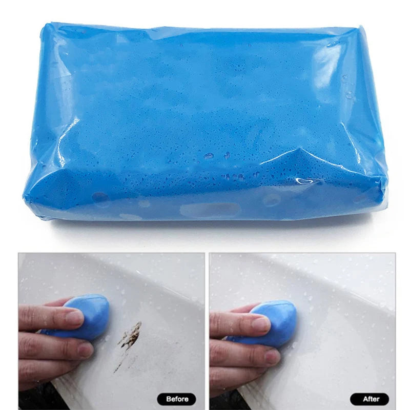 Blue magic clay bar for car detailing and paint decontamination shown before and after use.