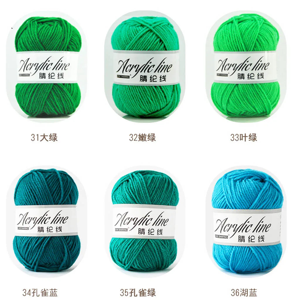 A set of green and blue acrylic line yarn balls in various thicknesses, labeled 31 to 36 strands.