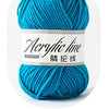 A ball of bright turquoise acrylic yarn labeled Acrylic line with a depth of 37 stitches.