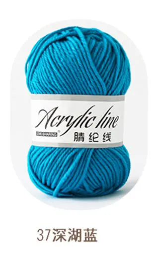 A ball of bright turquoise acrylic yarn labeled Acrylic line with a depth of 37 stitches.