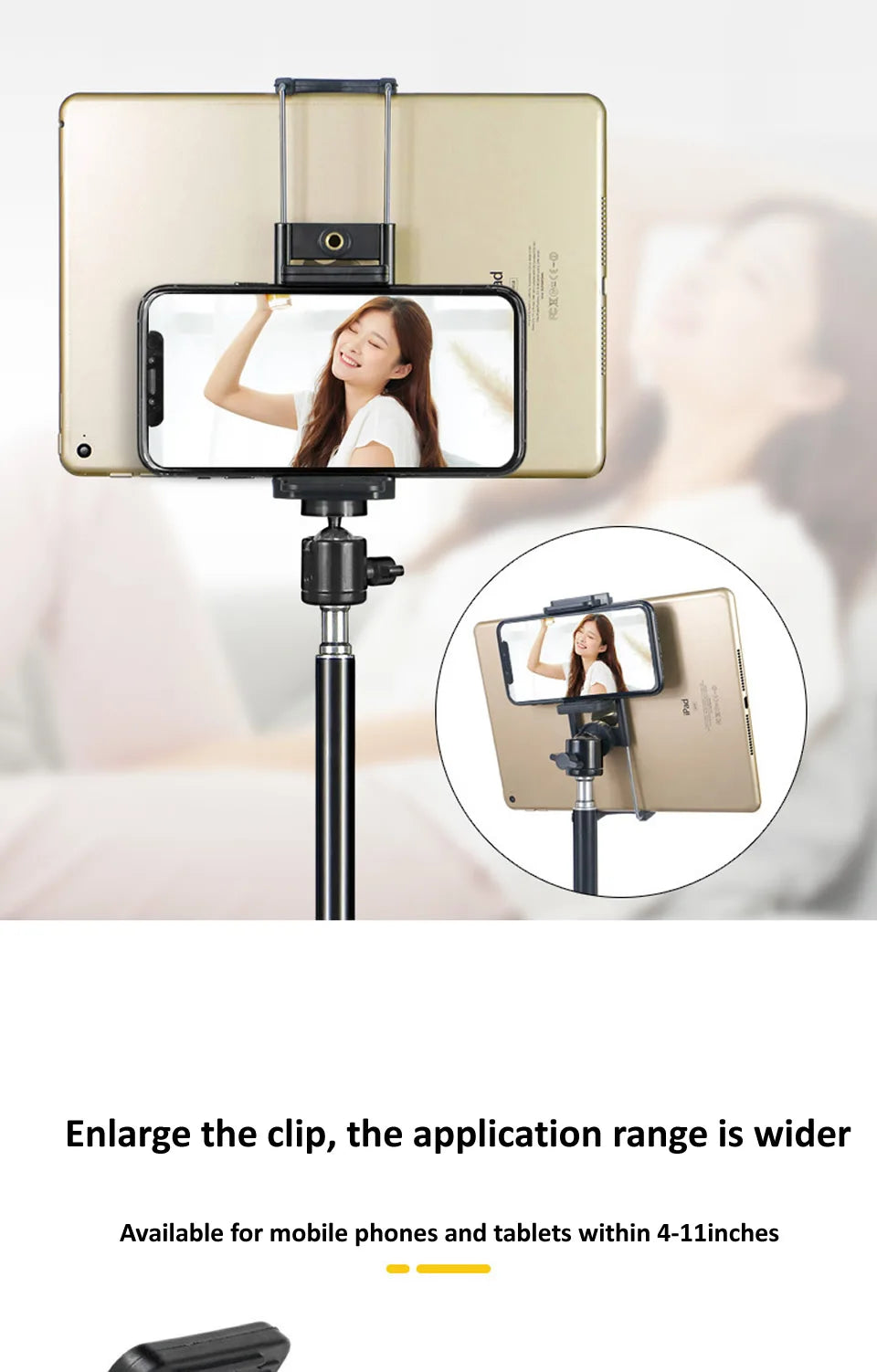 A gold-colored adjustable aluminum tripod stand holding a smartphone, demonstrating its wide application range.