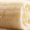 A close-up view of a cylindrical natural loofah scrubber sponge with a light beige color.