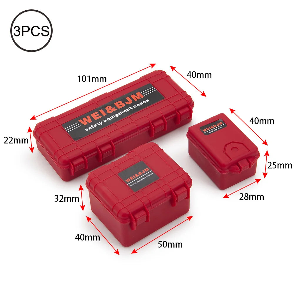 Three red safety equipment cases for an RC crawler decoration set, showing various dimensions.