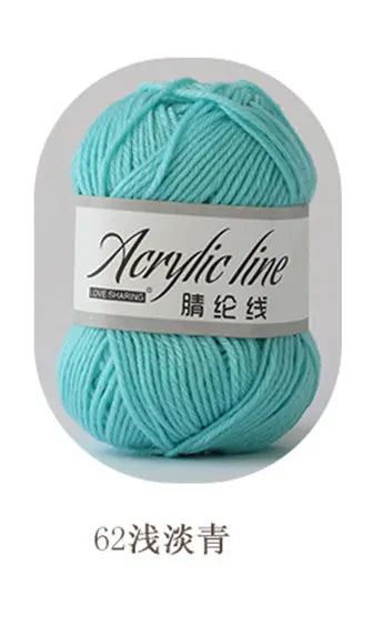 A ball of light turquoise acrylic yarn labeled Acrylic line with 62 strands.