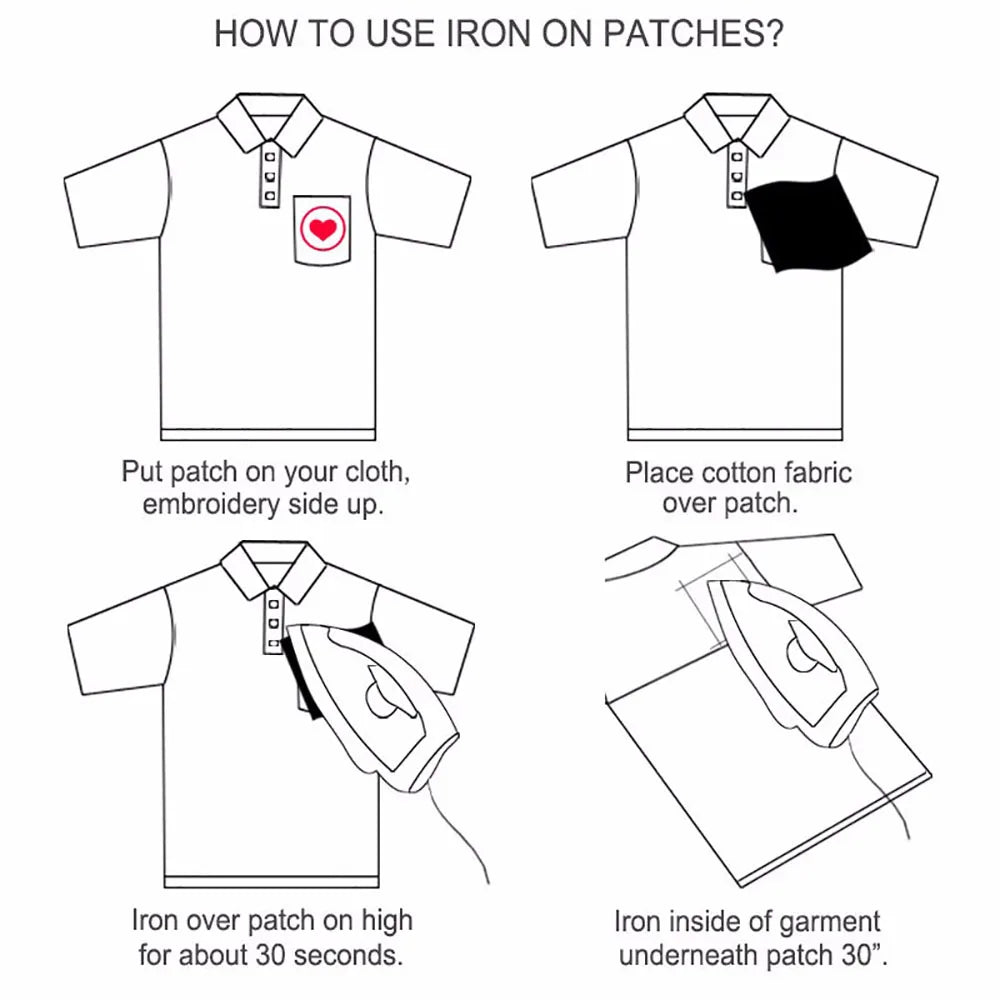 Instructions showing how to use an iron on patches by placing cotton fabric over the patch and ironing for 30 seconds.