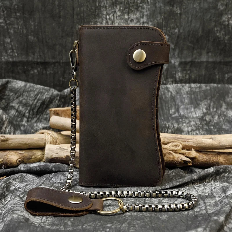 Vintage Leather Bifold Wallet with Metal Chain