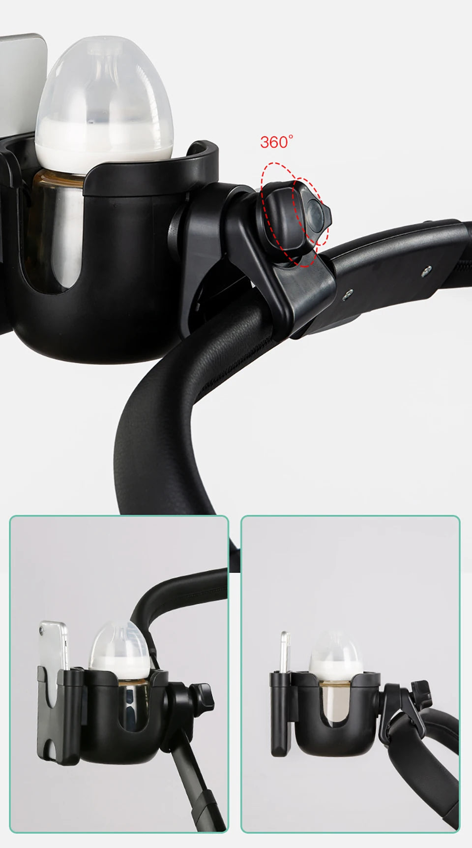 A black universal stroller cup and phone holder with a light bulb design, shown in close-up views.