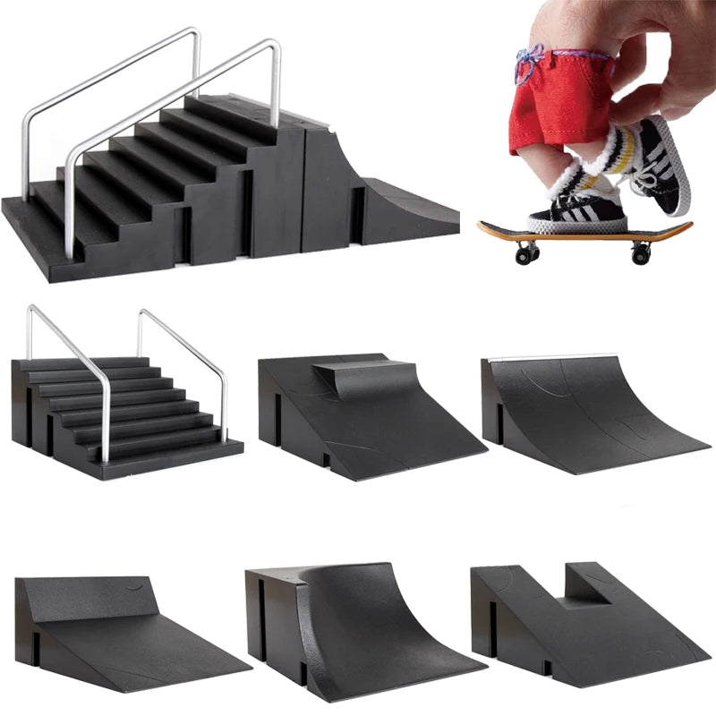 A set of finger skateboards and a park ramp for skateboarding.
