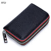 Black genuine leather card holder with a zipper and RFID protection features red, black, and white stitching.