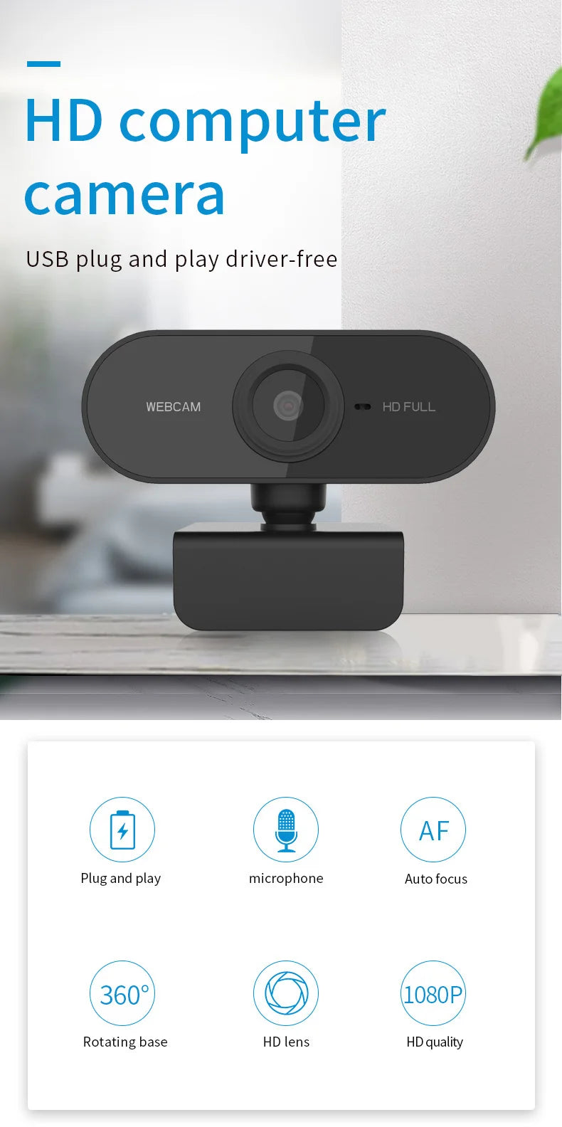 1080P Full HD USB Webcam with Built-in Microphone