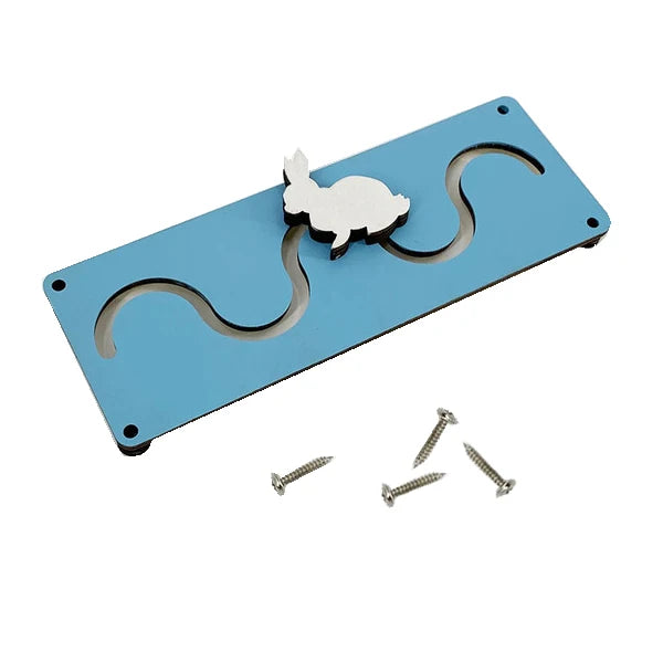 A light blue wooden Montessori busy board featuring a rabbit cutout and various screws for DIY assembly.