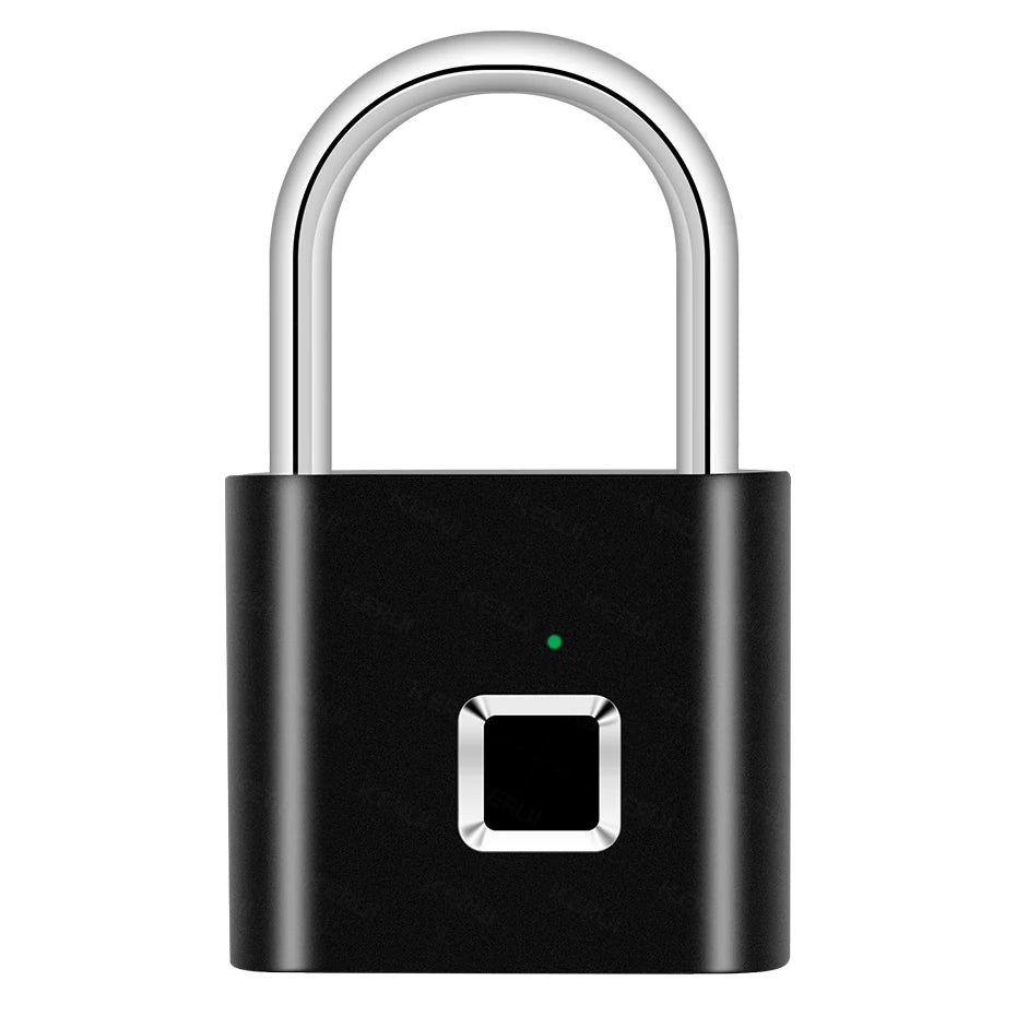 Schwarzes Fingerabdruck-Schloss mit silbernem Bogenschloss und quadratischem Sensor.