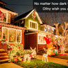 A house decorated with bright string lights and holiday wreaths in the evening.