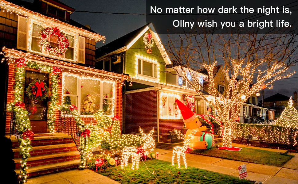 A house decorated with bright string lights and holiday wreaths in the evening.