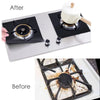 Comparison showing a reusable non-stick gas stove protector mat before and after use.