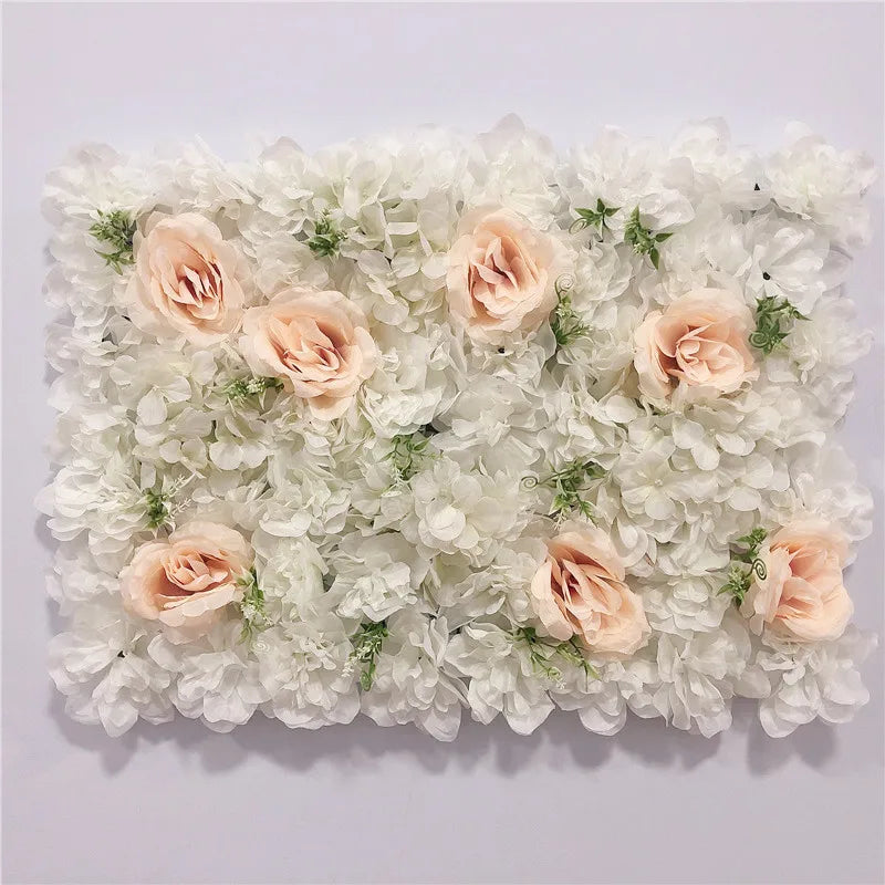 A wall panel of white and blush pink silk rose flowers for weddings and events