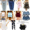 A collection of fashion doll clothing sets featuring various styles and colors including denim pants, pink dresses, and casua