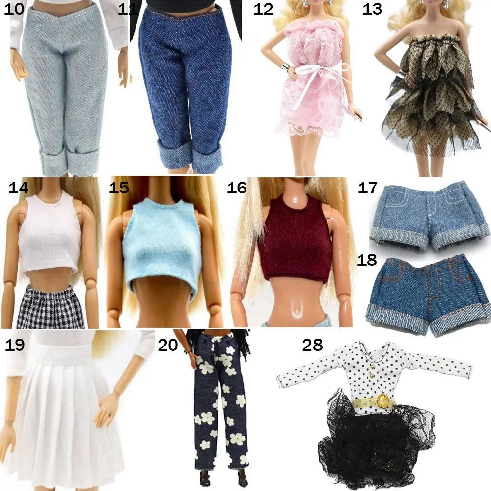 A collection of fashion doll clothing sets featuring various styles and colors including denim pants, pink dresses, and casua